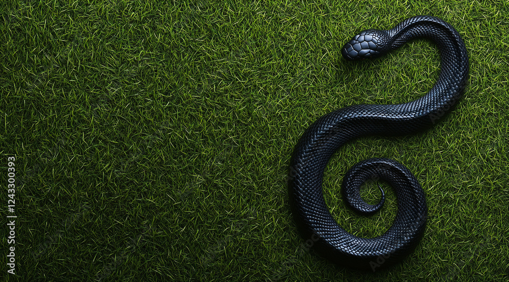 Fototapeta premium Black snake on a green grass background