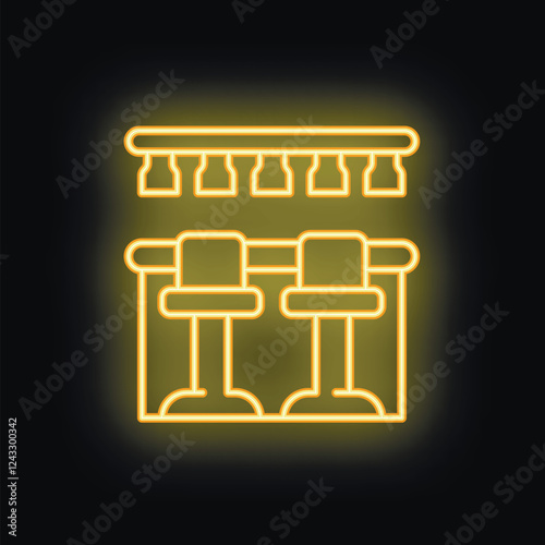 Neon sign showing a bar counter with stools shining yellow light on a black background