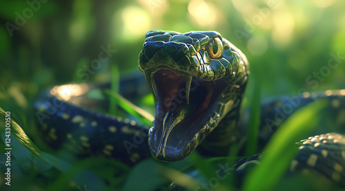 Black snake on green grass background, close-up photo of a black mamba