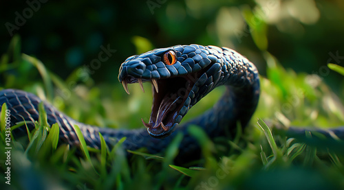 Black snake on green grass background, close-up photo of a black mamba