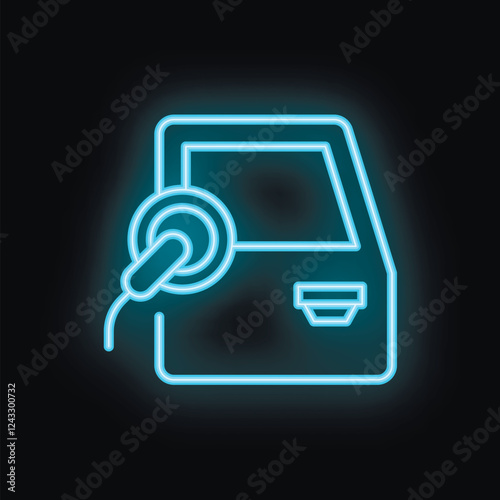 Neon icon of a smart car door being unlocked remotely using a smartphone app