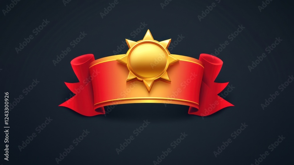 Golden sun emblem on red ribbon banner. Golden sun emblem on red ribbon banner.