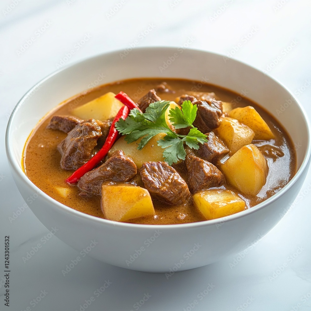 Thai massaman curry with beef and potatoes, isolated on a white table, Thai massaman curry with beef and potatoes, isolated on a white table,