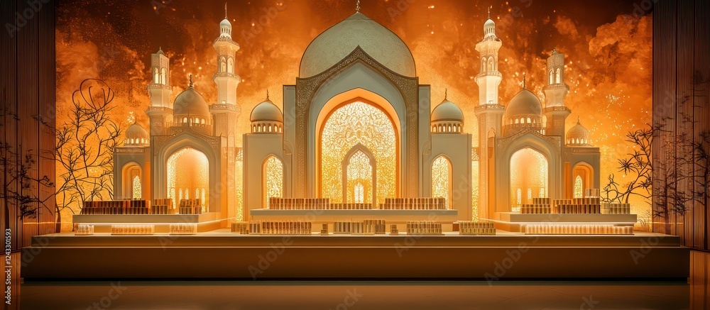 Obraz premium Illuminated Mosque Model, Stage, Sunset