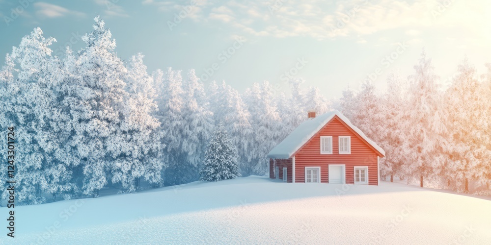 Red Cabin nestled in a snow covered winter forest Red Cabin nestled in a snow covered winter forest