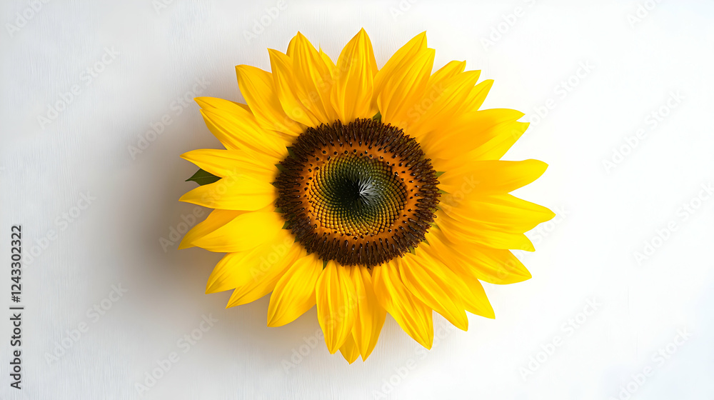 Naklejka premium Single sunflower, overhead view, white background, summer