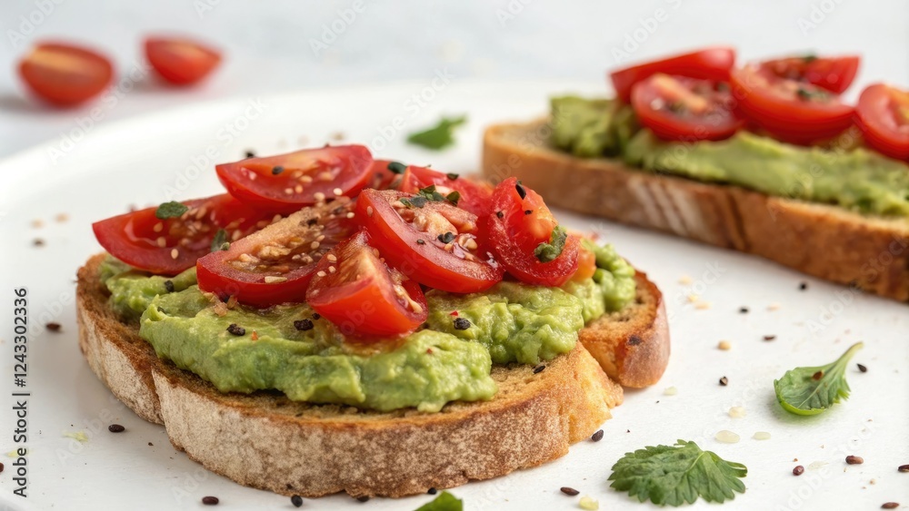 Toasted gluten-free bread topped with mashed avocado and juicy tomato slices, whole grain alternative, juicy tomatoes Toasted gluten-free bread topped with mashed avocado and juicy tomato slices, whole grain alternative, juicy tomatoes