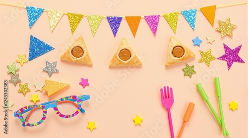 joyful purim celebration scene: colorful flags, glittery star decorations, novelty glasses, noisemakers, hand clappers, and hamantaschen pastries