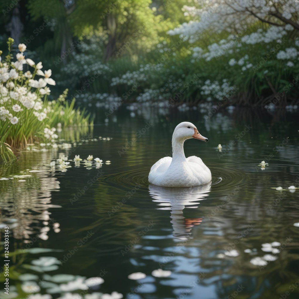 Fototapeta premium Tranquil image of a white duck gliding on a still lake with white blossoms floating on the water's surface, bloom, paddling