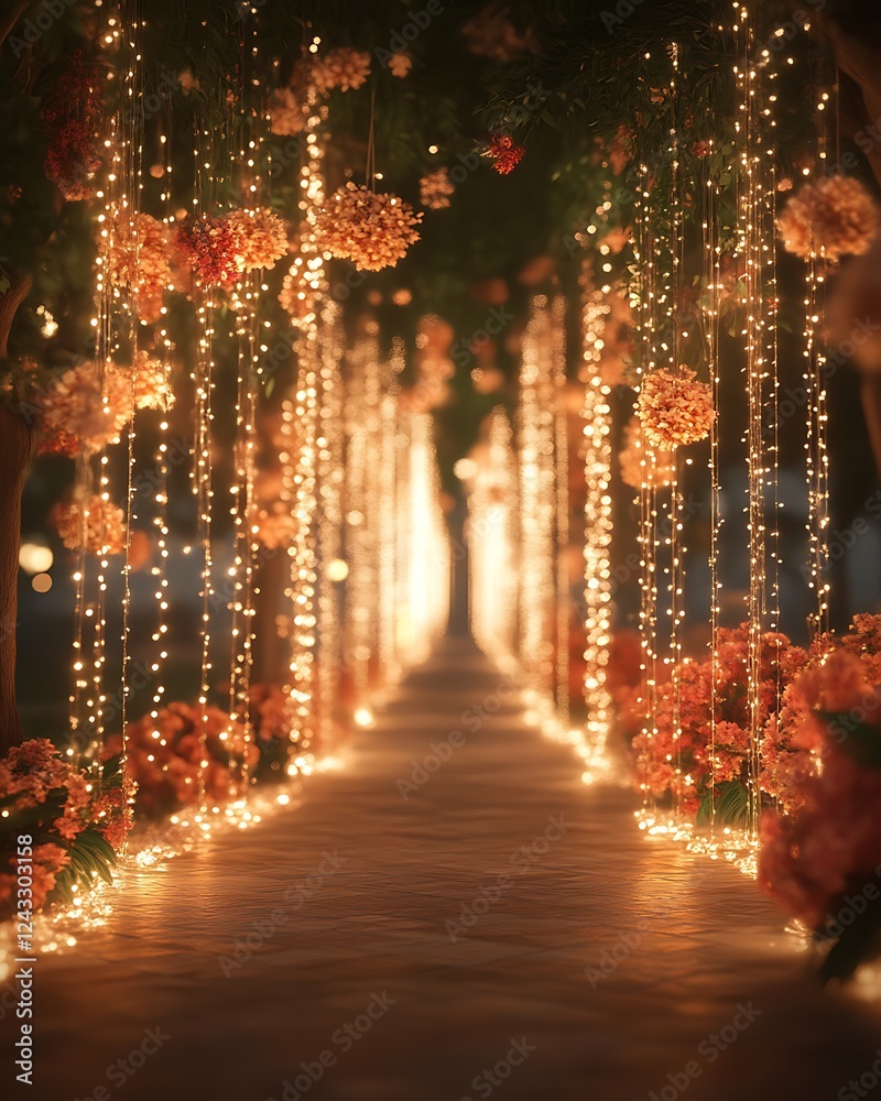 Obraz premium Romantic wedding aisle with lights and flowers.