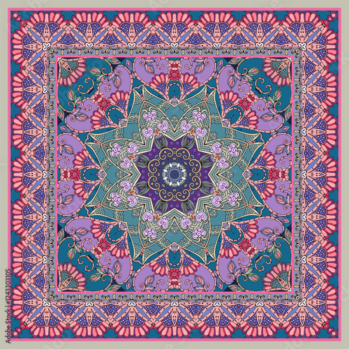 Beautiful square pattern design with mandala and  flowers. Bandana print, shawl or scarf with floral motifs.