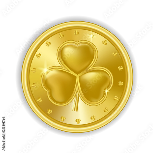 Saint patrick's day lucky gold coin shamrock isolated on white background. Vector illustration