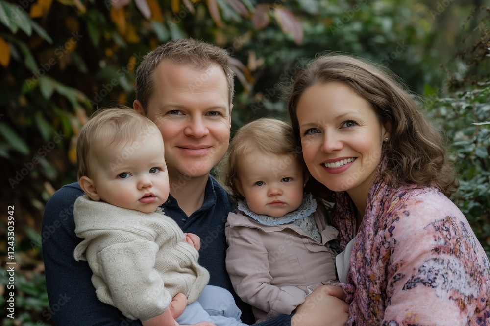 Family enjoying outdoor time with two children in the garden