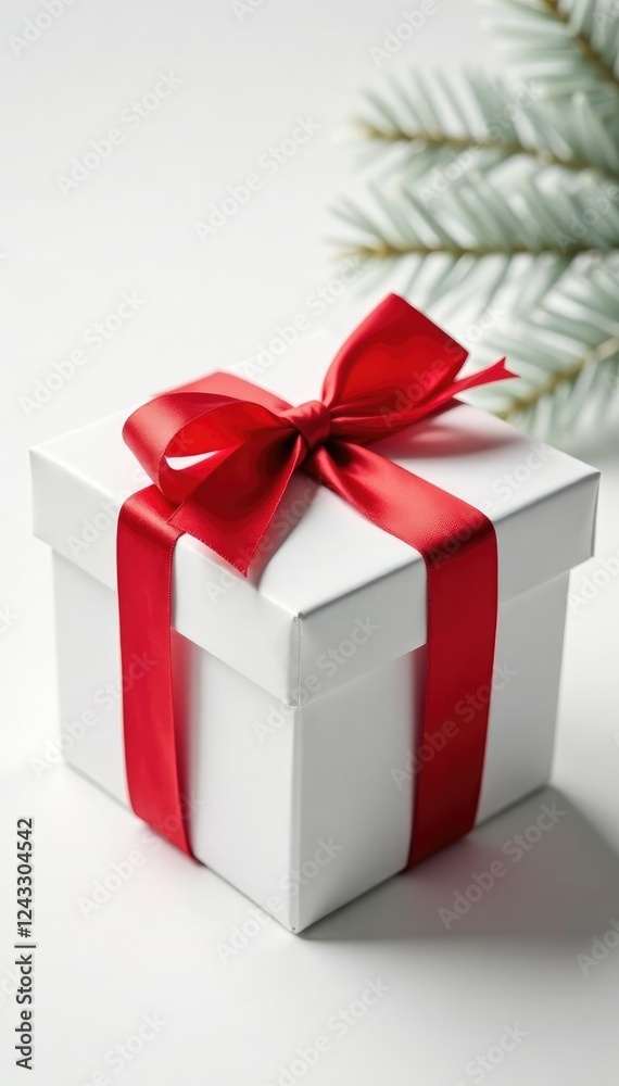Christmas gift box with red ribbon tied tightly on top of white background, wrapping, decorations, holiday Christmas gift box with red ribbon tied tightly on top of white background, wrapping, decorations, holiday