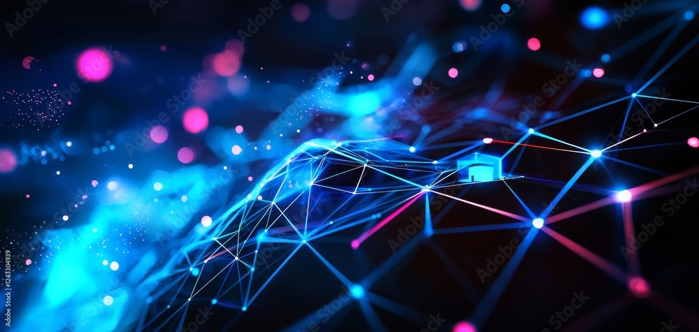 Obraz premium A vibrant, abstract representation of interconnected lines and nodes, showcasing a futuristic digital landscape with glowing elements.