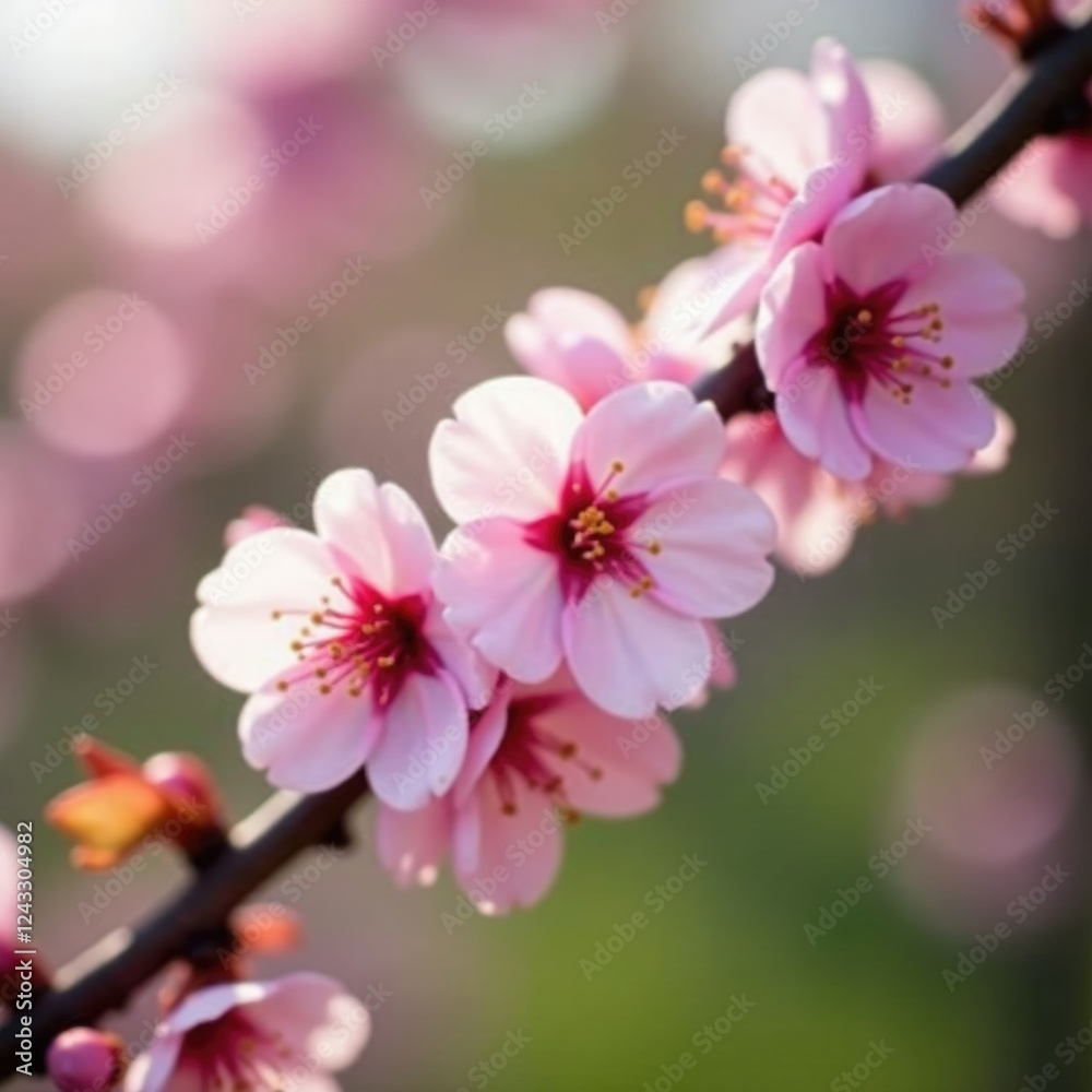 Obraz premium delicate pink petals unfolding from a sour cherry branch, cherry blossom, blossoms, spring