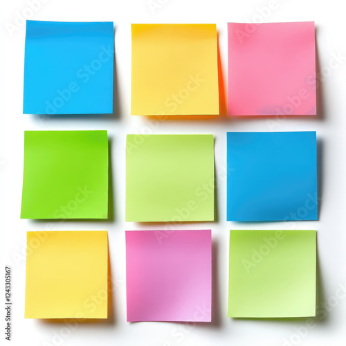 Colorful sticky notes arranged in grid on white background