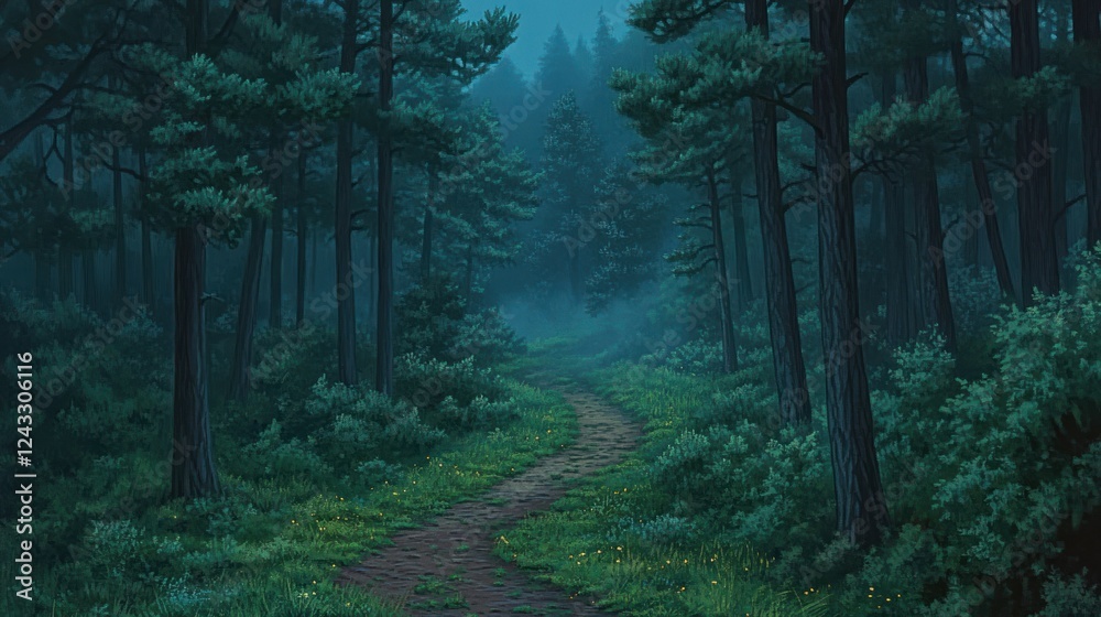 Fototapeta premium Misty forest path, dawn, nature, game background