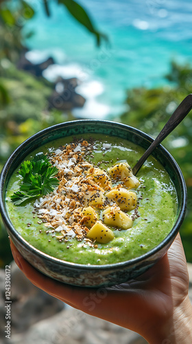 Healthy Green Smoothie Bowl with Fruit Toppings in Tropical Setting photo