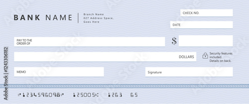 Bank check, vector blank money cheque, checkbook template with guilloche pattern and fields. Currency payment coupon, money check background	