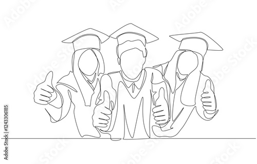 Continuous one line drawing of fresh graduates giving thumbs up gesture, commencement ceremony, education concept, single line art