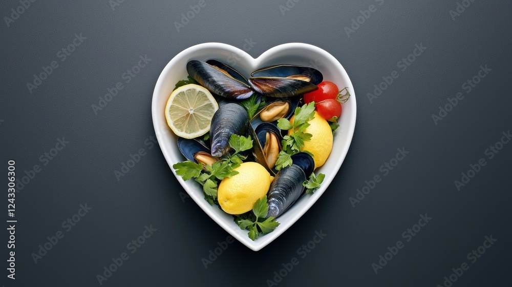 Savory mussels dish with lemon and herbs dark background food Savory mussels dish with lemon and herbs dark background food