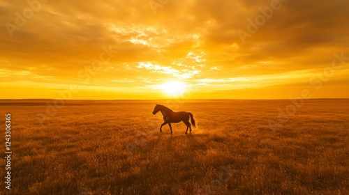 Dark Horse Silhouette In Golden Sunset Field