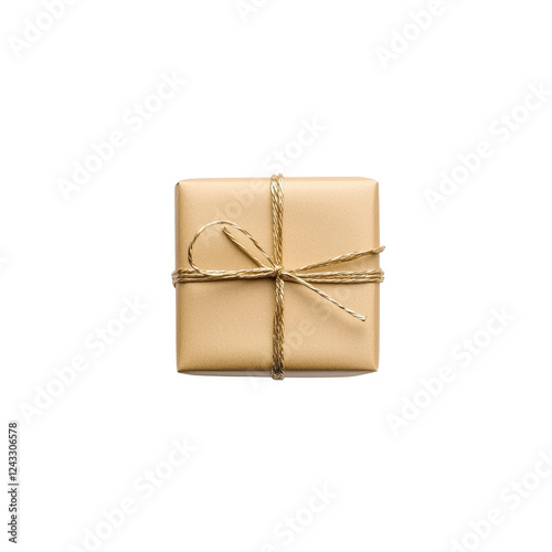 Elegant golden gift box with twine, isolated on a white background.