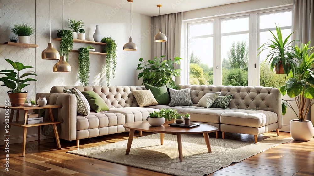 Fototapeta premium Cozy Scandinavian Loft Living Room with Modular Tufted Sofa & Tilt-Shift Effect