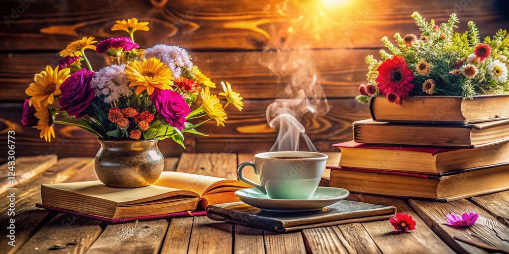 Cozy Rustic Study Setup: Books, Coffee, Flowers, Reading Relaxation