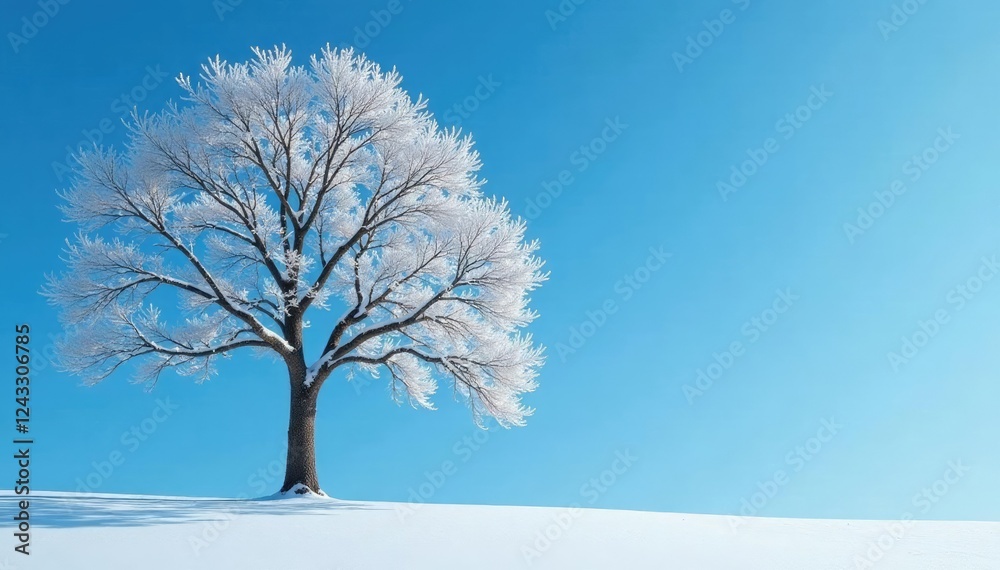 Snowy tree with bare branches against blue sky, branches, forest, peaceful