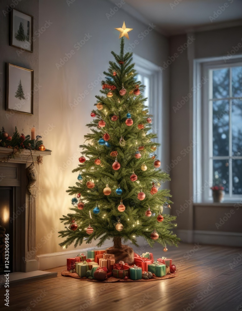 Spruce Christmas tree with ornaments and lights, string lights, cozy room Spruce Christmas tree with ornaments and lights, string lights, cozy room