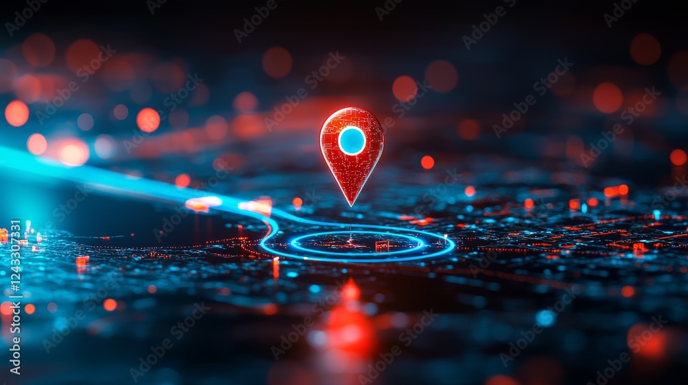 A glowing pin marker on a digital map, surrounded by vibrant blue and red lights, symbolizing location tracking and navigation technology. A glowing pin marker on a digital map, surrounded by vibrant blue and red lights, symbolizing location tracking and navigation technology.
