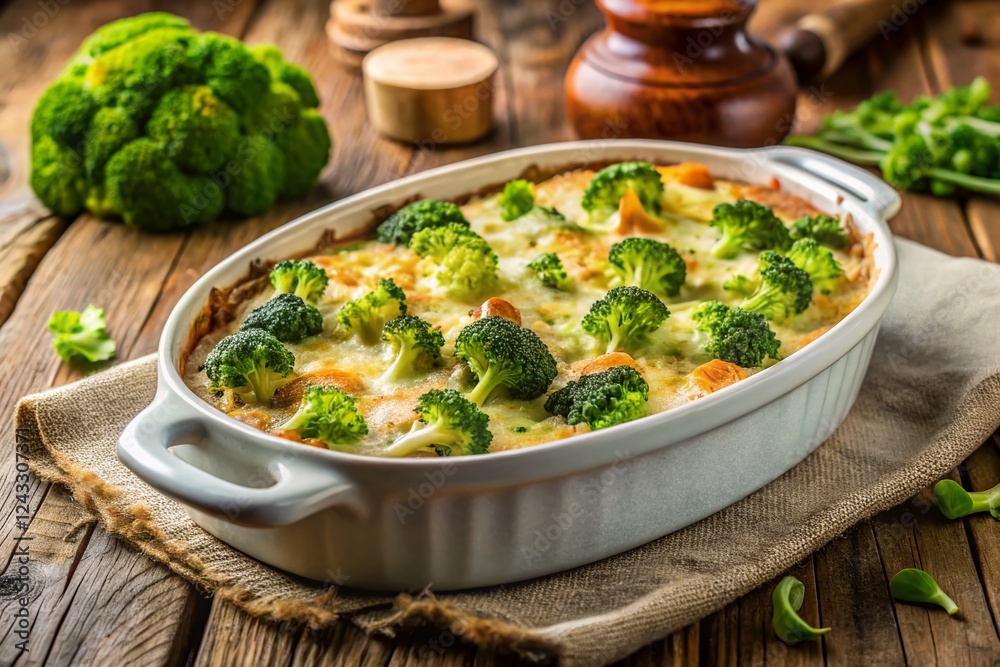 Creamy Broccoli Gratin in Oval Dish on Rustic Wooden Board - Stock Photo Creamy Broccoli Gratin in Oval Dish on Rustic Wooden Board - Stock Photo