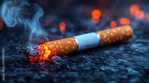 Burning cigarette on dark surface with fire and smoke background photo