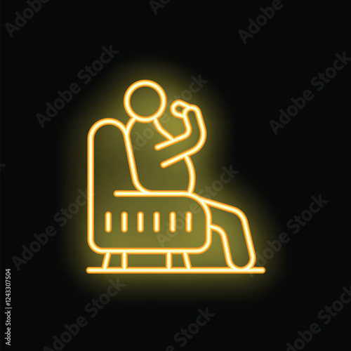 Yellow glowing neon icon of a pregnant woman sitting and fastening her seat belt in a car, isolated on a black background