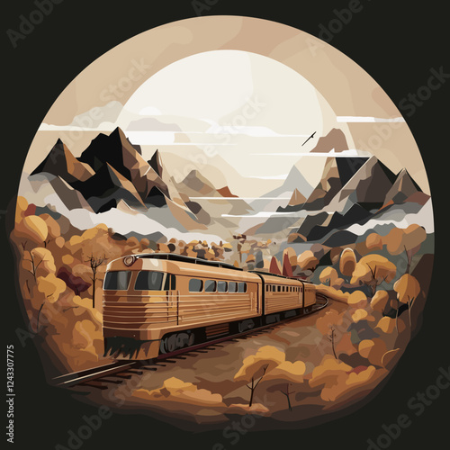 Vintage train traveling through autumn mountains, nostalgic mood, scenic landscape, warm colors

