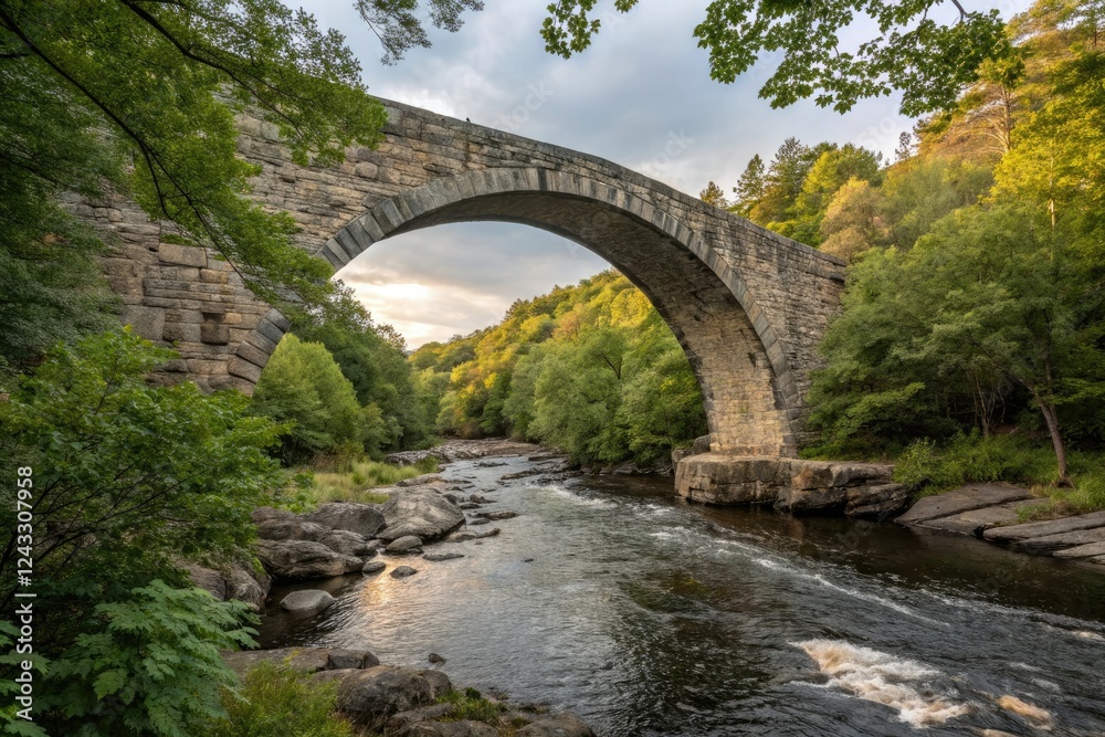 Fototapeta premium Stone arch bridge spanning the river with water flowing beneath and surrounding foliage, natural scenery, stone bridge