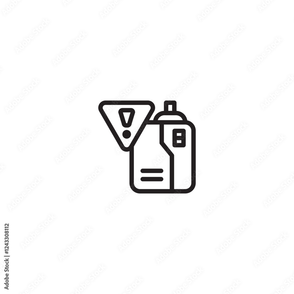 A spray can with a warning triangle attached to its side, featuring an exclamation mark inside. Represents a hazardous aerosol product, caution for spray paint, or dangerous contents. A spray can with a warning triangle attached to its side, featuring an exclamation mark inside. Represents a hazardous aerosol product, caution for spray paint, or dangerous contents.