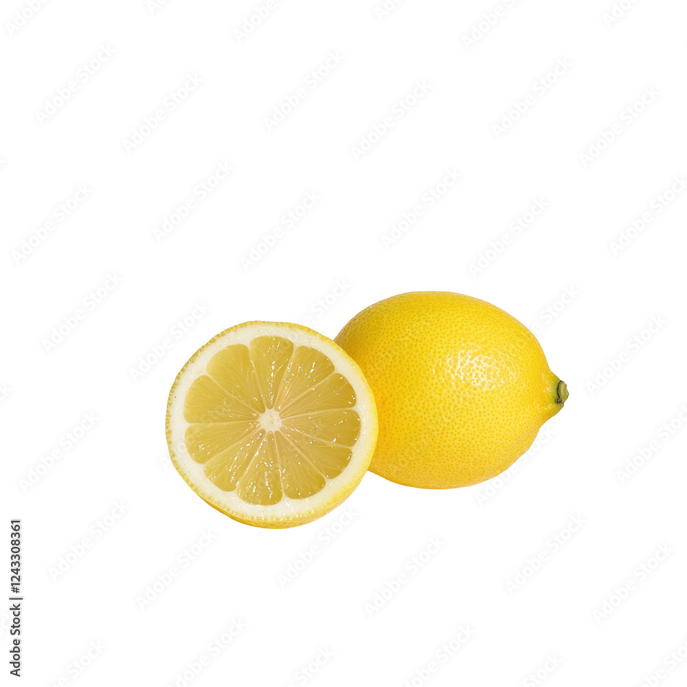 Fresh lemon fruit, one whole and one halved, white isolate background Fresh lemon fruit, one whole and one halved, white isolate background