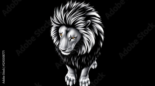 High angle perspective, classic black and white vector illustration.  A powerful lion, rendered in an elegant timeless style, looks downward, emphasizing its regal presence