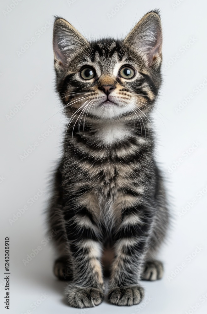 Obraz premium Adorable striped kitten sitting upright with expressive eyes on a plain background, showcasing its playful and curious nature in a studio setting