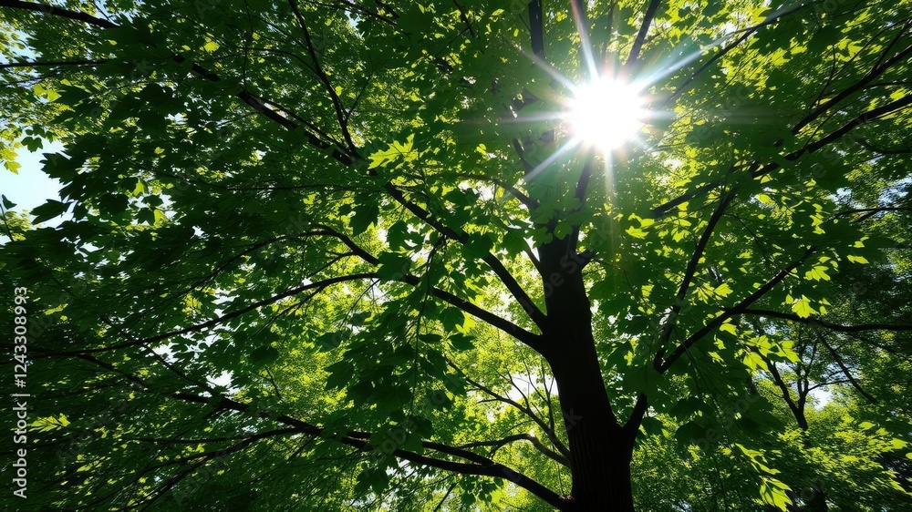 Obraz premium Sunlight filters through beech tree leaves in dappled pattern, natural beauty, mystical woods