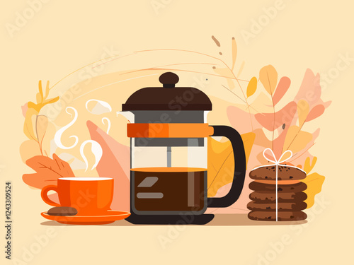 Freshly brewed coffee with cookies, cozy mood, French press setup, autumn-inspired colors
