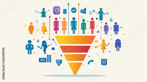 A colorful inbound marketing funnel with arrows guiding audience icons into a sales conversion area.