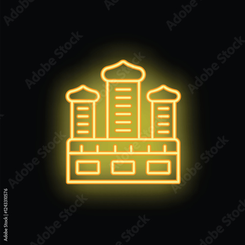 Bright yellow neon sign of the taj mahal glowing on a black background