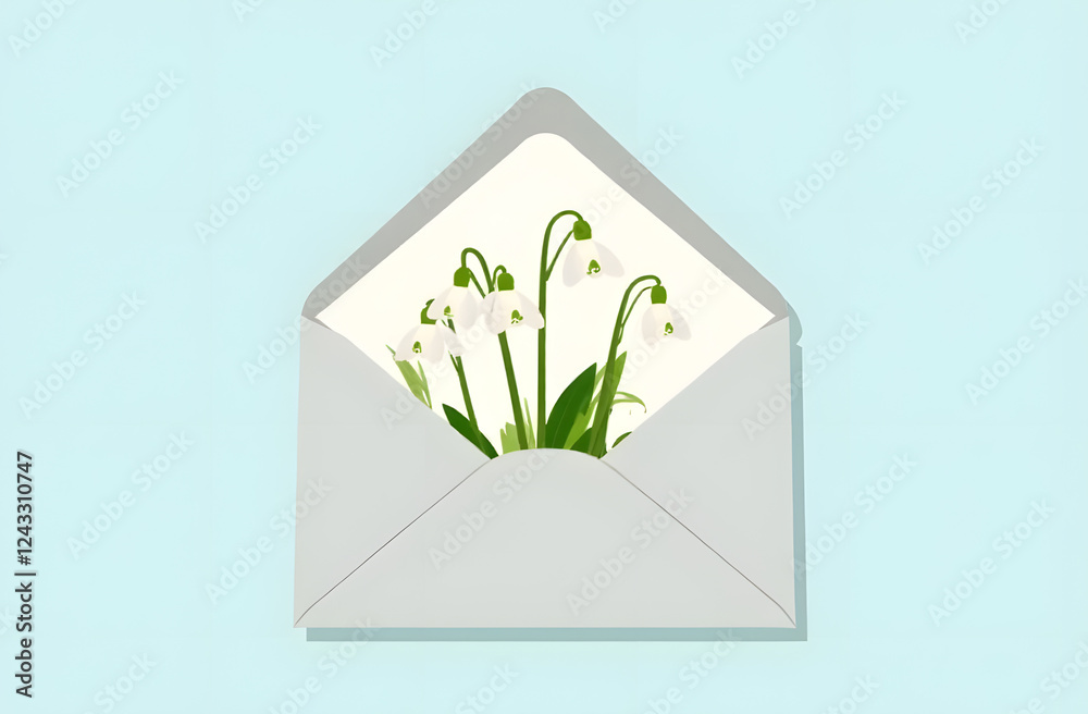 Envelope with flowers in pastel colours, mint, light blue background, illustration 