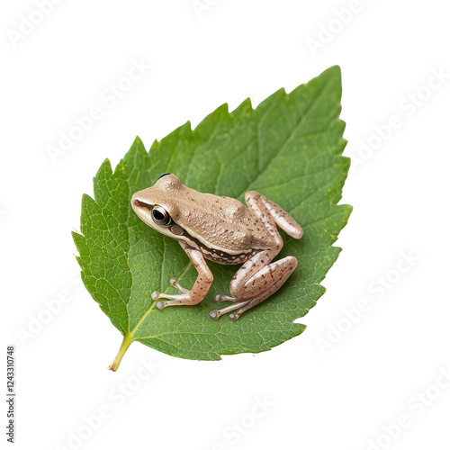 Frog sitting on a green leaf, white isolated background. photo