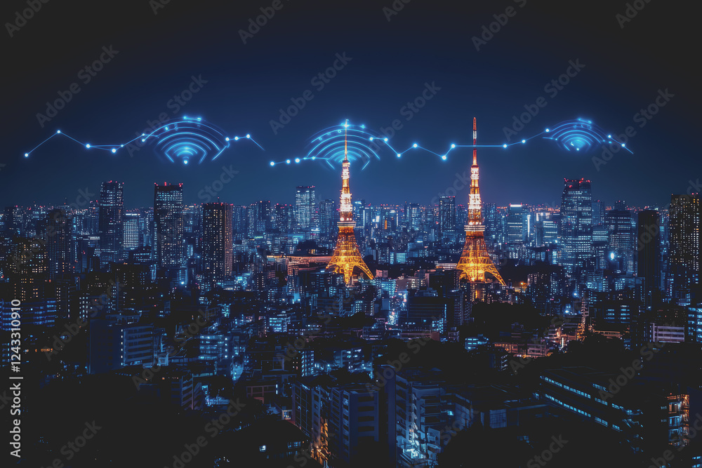 Naklejka premium A modern city with a wireless network connection concept and cityscape. Technology concept.