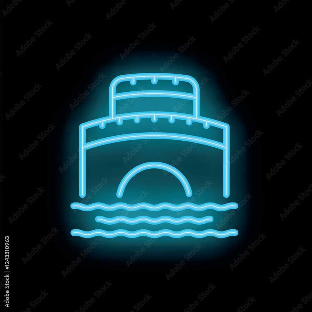 Neon blue ship sailing on water at night, simple minimalist vector illustration Neon blue ship sailing on water at night, simple minimalist vector illustration